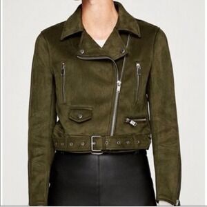 Zara Basic Womens Olive Green Faux Suede Moto Biker Jacket Belted Cropped Size M